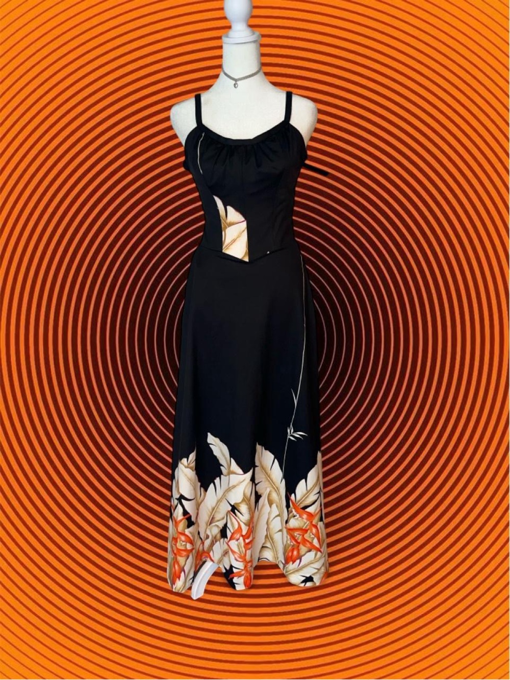 Black Maxi Dress with Cream & Orange Floral Hem